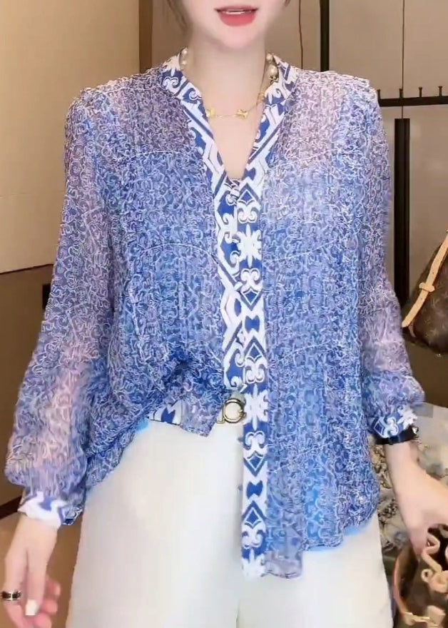 New Blue V Neck Print Chiffon Blouse Long Sleeve Ada Fashion