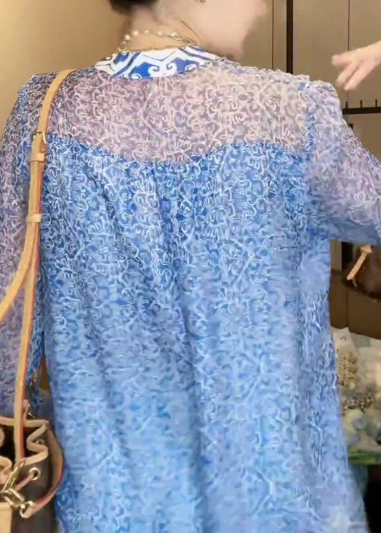 New Blue V Neck Print Chiffon Blouse Long Sleeve Ada Fashion