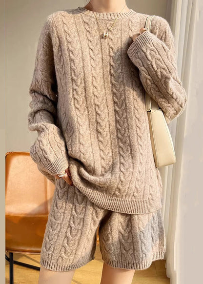 New Camel O Neck Solid Cozy Wool Knit Two Pieces Set Winter WQ041