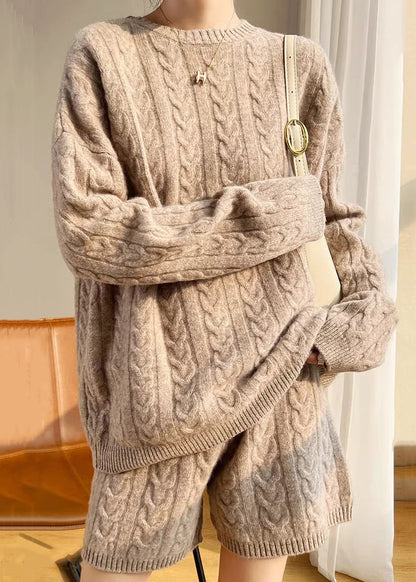 New Camel O Neck Solid Cozy Wool Knit Two Pieces Set Winter WQ041