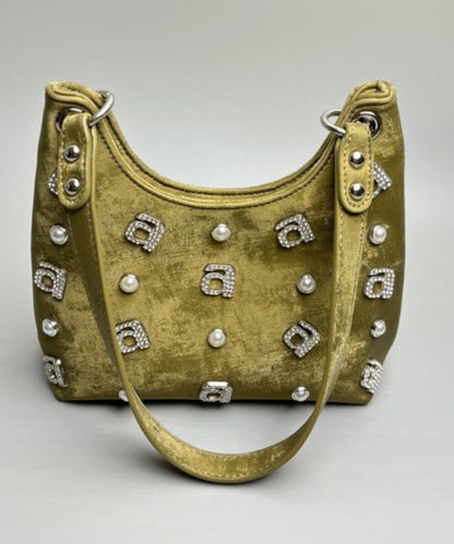 New Chinese Style Green Silk Rhinestone Letter Shoulder Bag II039