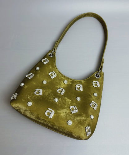 New Chinese Style Green Silk Rhinestone Letter Shoulder Bag II039