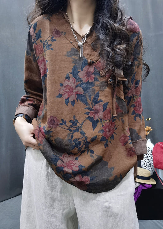 New Coffee Button Print Linen Top Long Sleeve GG035