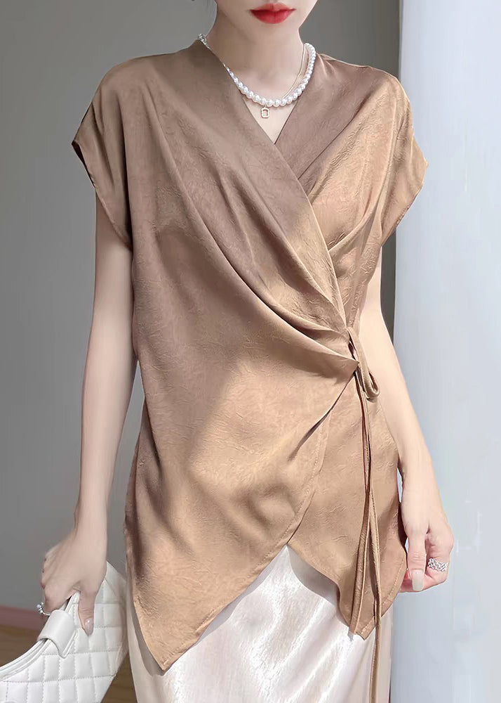 Solid Short Coffee Silk Design Shirt Original New Sleeve