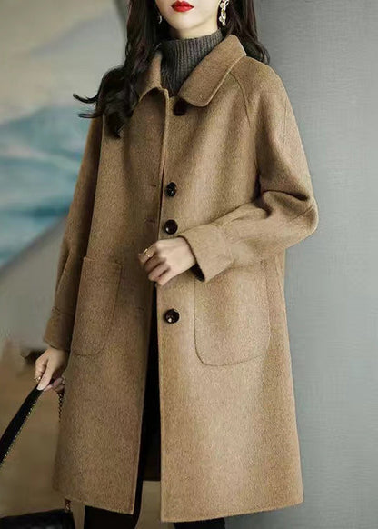 New Coffee Peter Pan Collar Fine Cotton Filled Pockets Woolen Coat Winter RS027