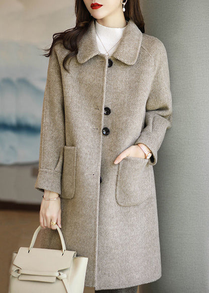 New Coffee Peter Pan Collar Fine Cotton Filled Pockets Woolen Coat Winter RS027