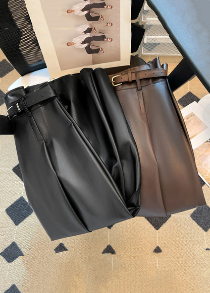 New Coffee Zippered High Waist Faux Leather Skirt Winter WL015