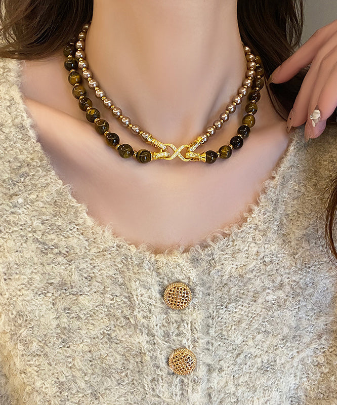 Double-Layer Bead Gratuated Pearl Necklace Tiger's-Eye Copper New