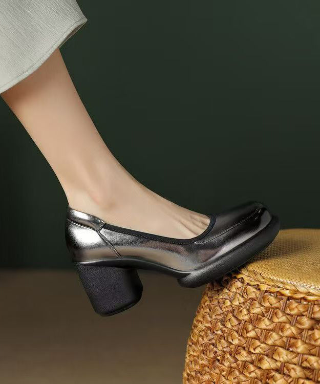 Dunkles Leder Ferse Spleißen Hohe Rindsleder Grau Heels Neue Chunky
