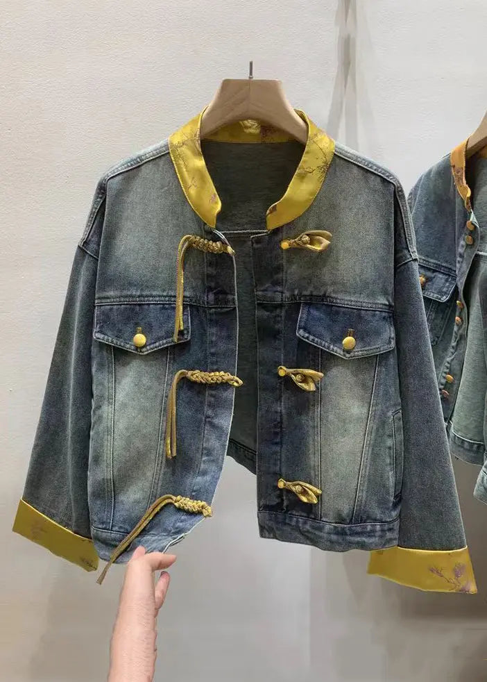 New Dark Blue Chinese Button Patchwork Denim Shirt Long Sleeve Ada Fashion