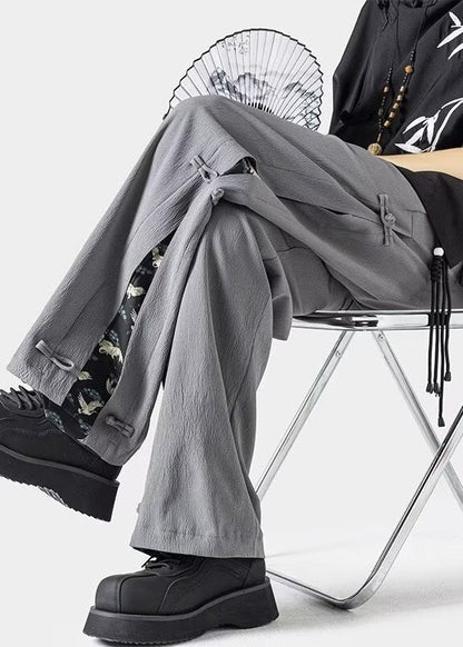 New Dark Grey Chinese Button Ice Silk Men's Straight Leg Pants Summer YT053