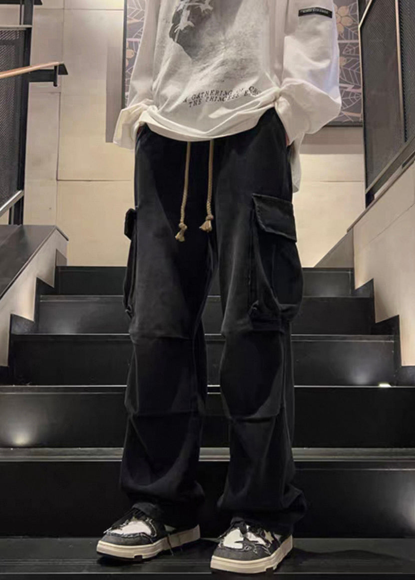 Elastic Waist Spring Blue Pockets New Pants Wrinkled Mens Denim