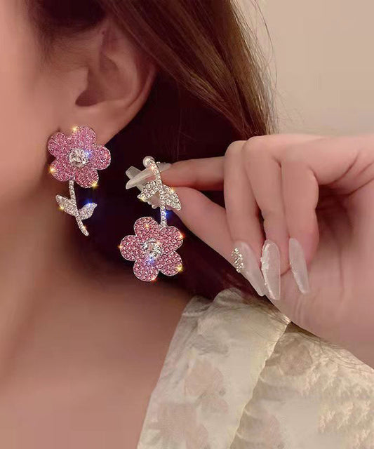 New Fashionable Pink Organza Flower Crystal Tassel Earrings GH1068