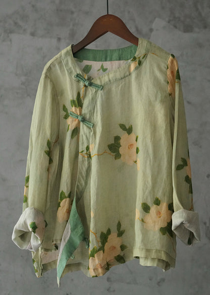 New Green Button Print Cotton Shirt Long Sleeve JH031