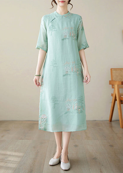 New Green Embroidered Side Open Cotton Dresses Half Sleeve JH040