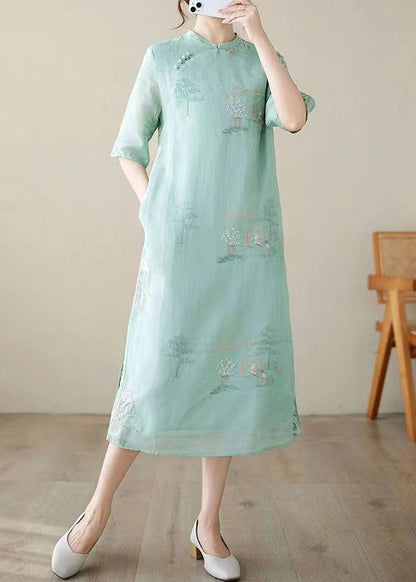 New Green Embroidered Side Open Cotton Dresses Half Sleeve JH040