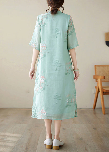 New Green Embroidered Side Open Cotton Dresses Half Sleeve JH040