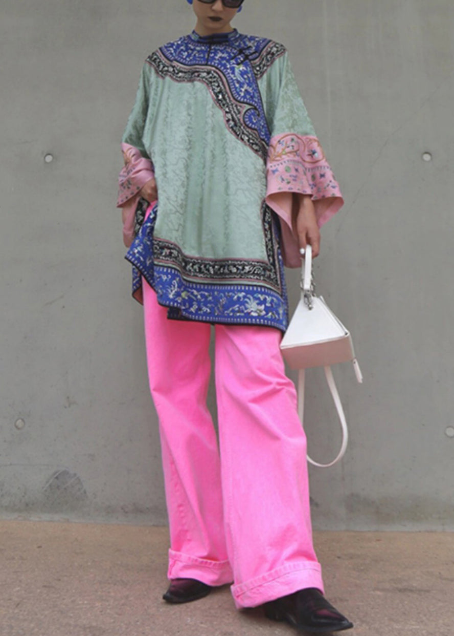 New Green Embroidered Tops And Pink Pants Cotton Two Pieces Set Spring Ada Fashion