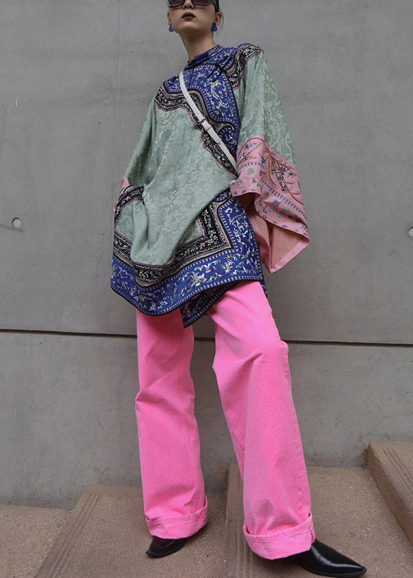 New Green Embroidered Tops And Pink Pants Cotton Two Pieces Set Spring Ada Fashion