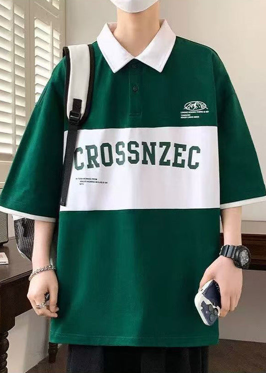 Sleeve New Green Cotton Letter Polo Half Shirt Men Patchwork