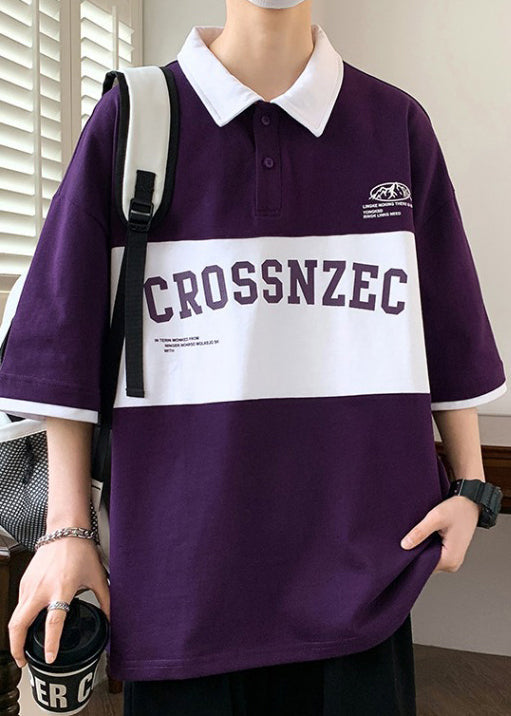 Sleeve New Green Cotton Letter Polo Half Shirt Men Patchwork