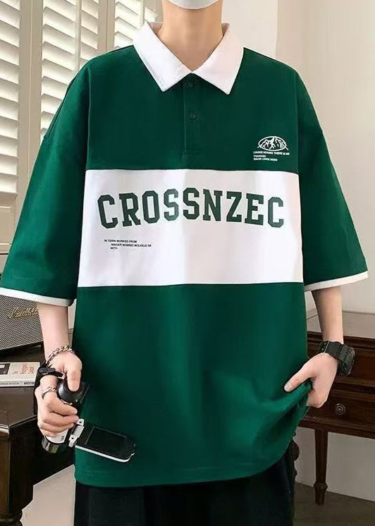 Sleeve New Green Cotton Letter Polo Half Shirt Men Patchwork