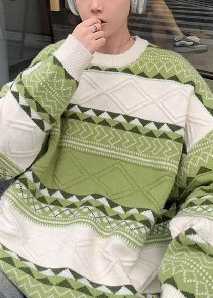 New Green O Neck Cozy Patchwork Knit Men Sweaters Fall QH032