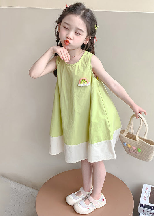 New Green O Neck Patchwork Cotton Girls Dress Sleeveless EW047