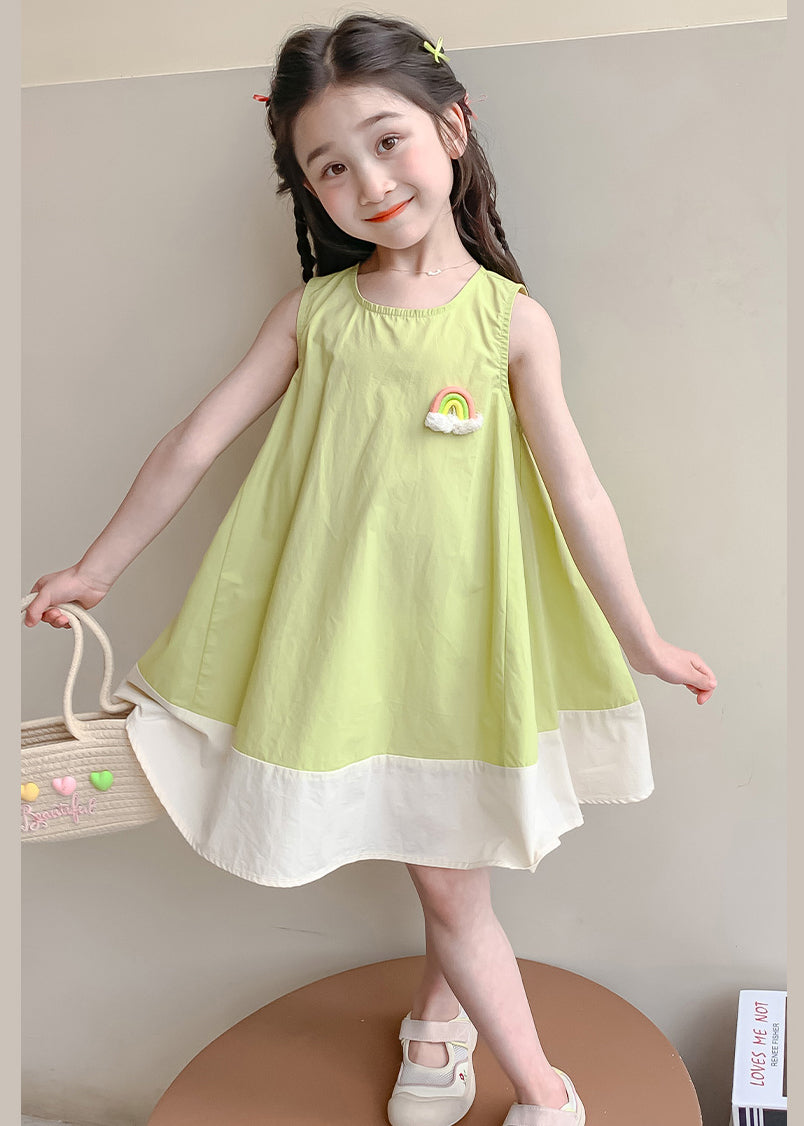 New Green O Neck Patchwork Cotton Girls Dress Sleeveless EW047