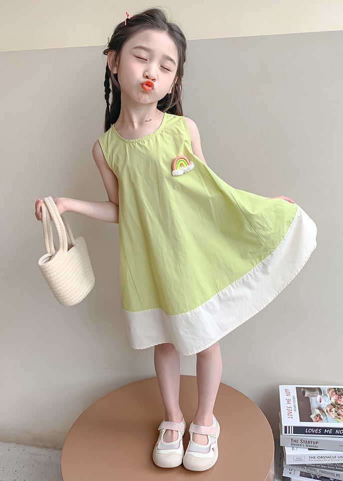 New Green O Neck Patchwork Cotton Girls Dress Sleeveless EW047