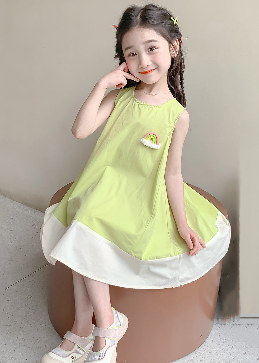 New Green O Neck Patchwork Cotton Girls Dress Sleeveless EW047