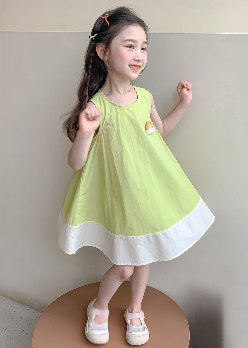 New Green O Neck Patchwork Cotton Girls Dress Sleeveless EW047