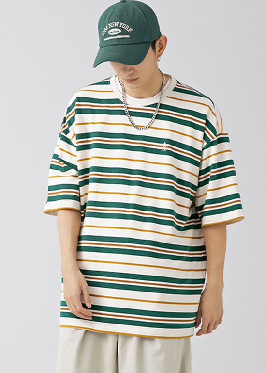 New Green O Neck Striped Cotton Men T Shirt Summer QH011