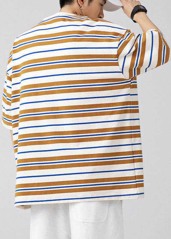 New Green O Neck Striped Cotton Men T Shirt Summer QH011