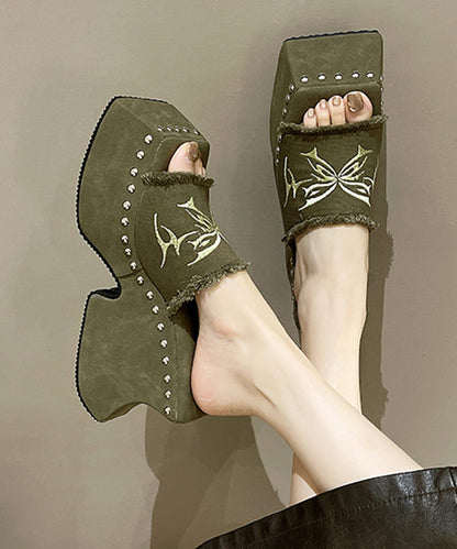 New Green Peep Toe Rivet Cotton Platform Slide Sandals RT1089