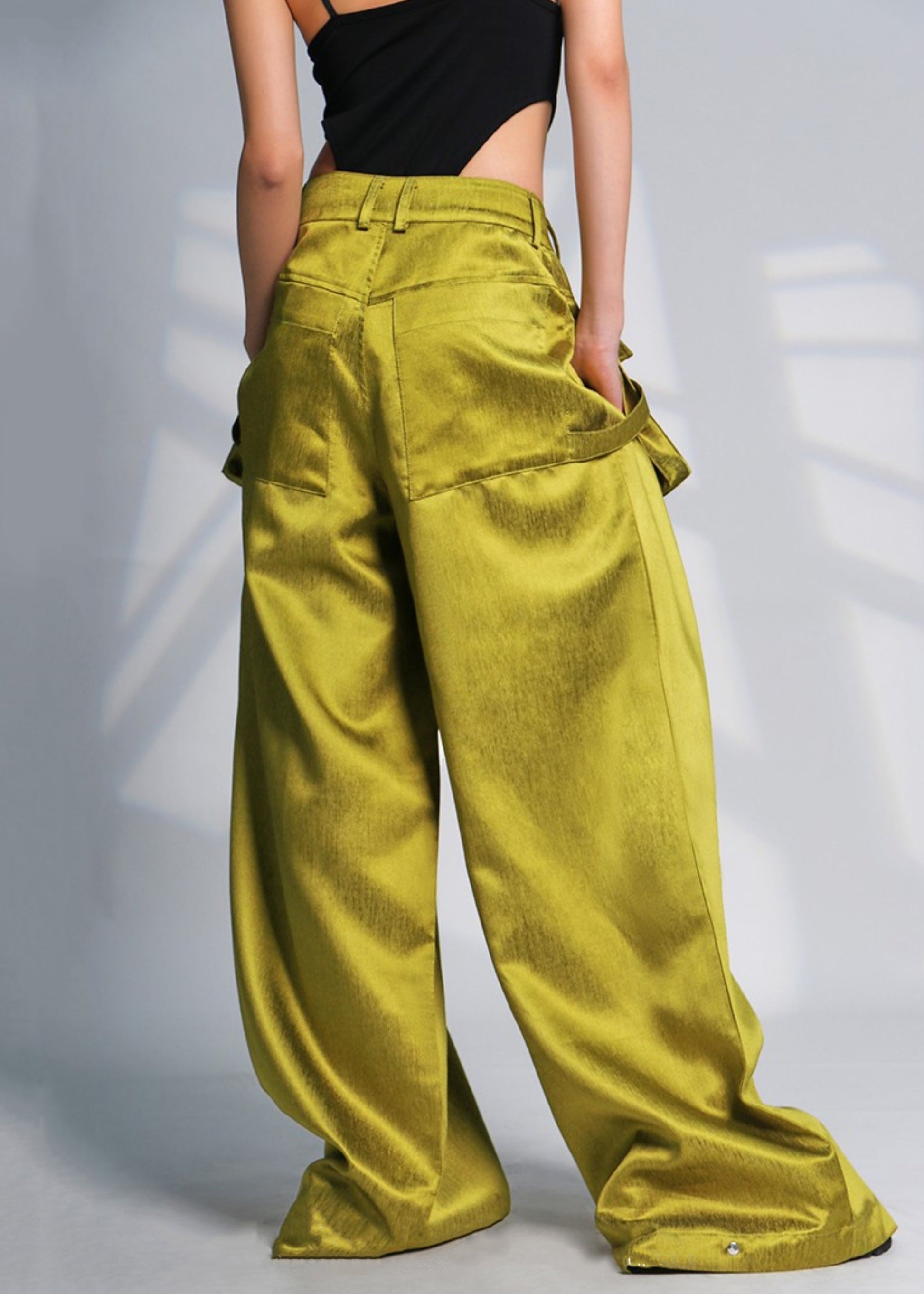 New Green Pockets High Waist Cotton Wide Leg Pants Summer Ada Fashion