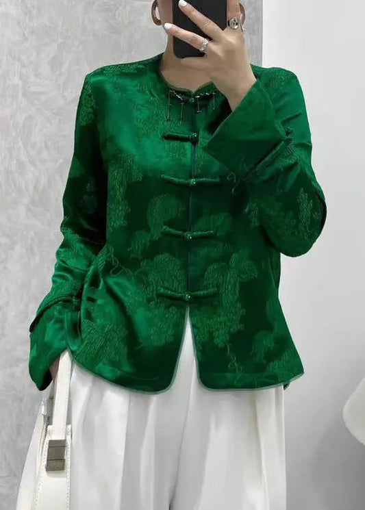 New Green Print Button Silk Shirts Coats Long Sleeve Ada Fashion