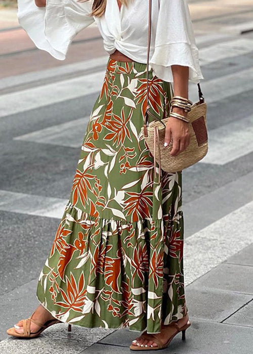 New Green Print Elastic Waist Cotton Maxi Skirts Summer BB050