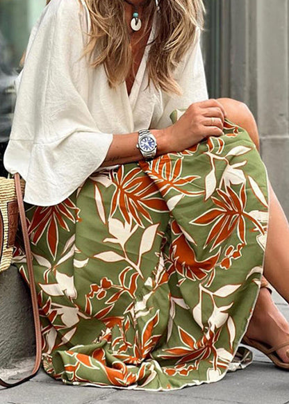 New Green Print Elastic Waist Cotton Maxi Skirts Summer BB050