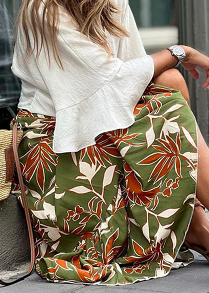 New Green Print Elastic Waist Cotton Maxi Skirts Summer BB050