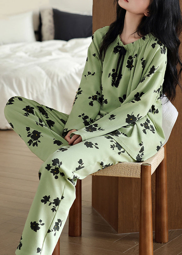Pieces Two Elastic Pajamas Fall Waist New Print Set Green Cotton
