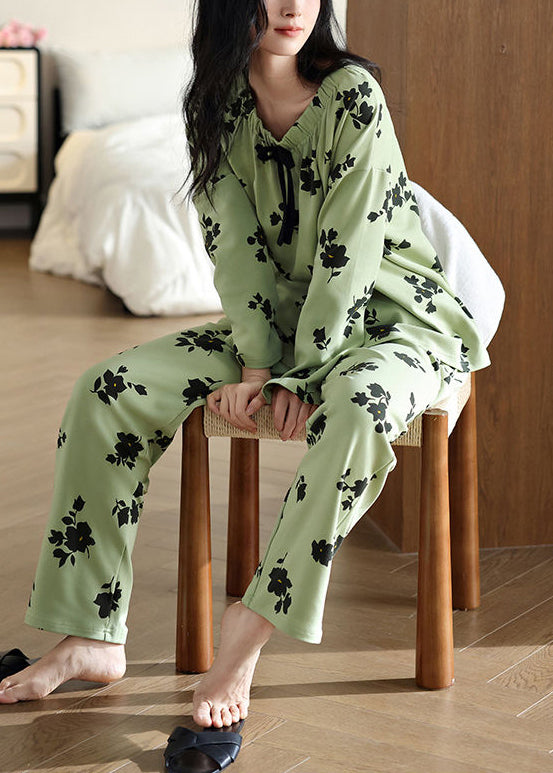 Pieces Two Elastic Pajamas Fall Waist New Print Set Green Cotton