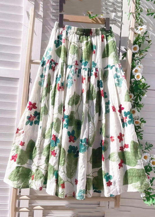 New Green Print Elastic Waist Cotton Skirt Summer GH1062