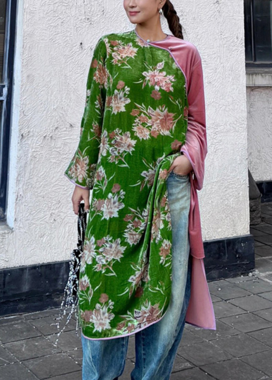 New Green Print Side Open Patchwork Silk Velvet Dress Long Sleeve Ada Fashion