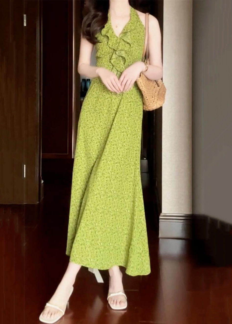 Robe longue en coton à volants, imprimée, sans manches, verte
