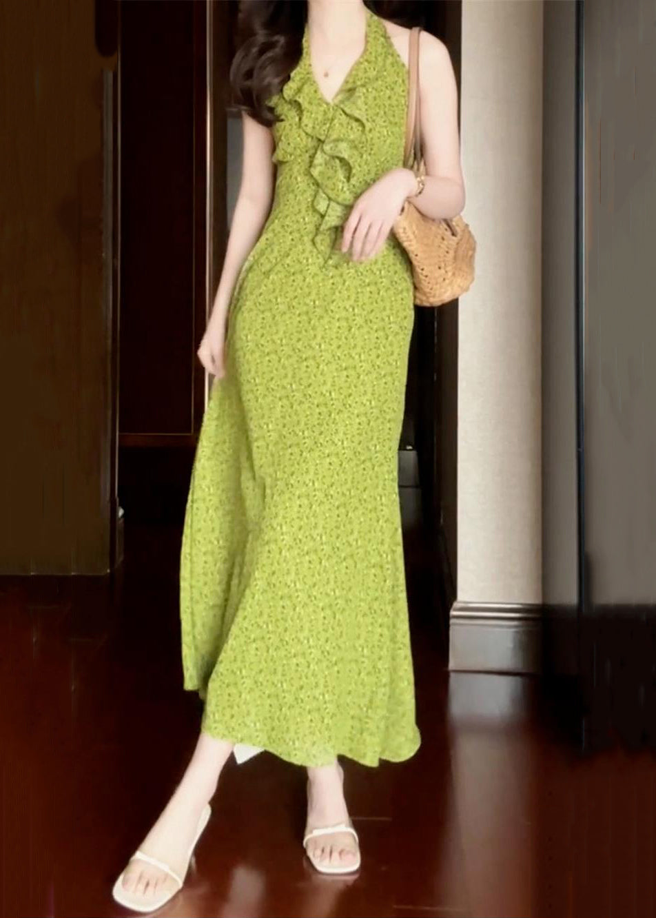 Robe longue en coton à volants, imprimée, sans manches, verte
