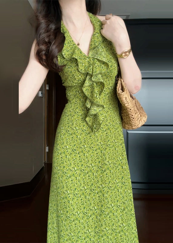 Robe longue en coton à volants, imprimée, sans manches, verte