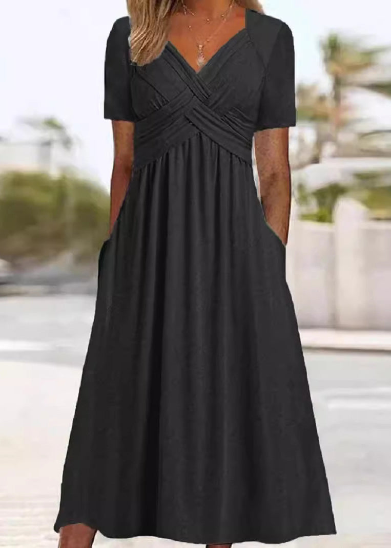 New Green V Neck Pockets Solid Cotton Long Dress Summer QA026