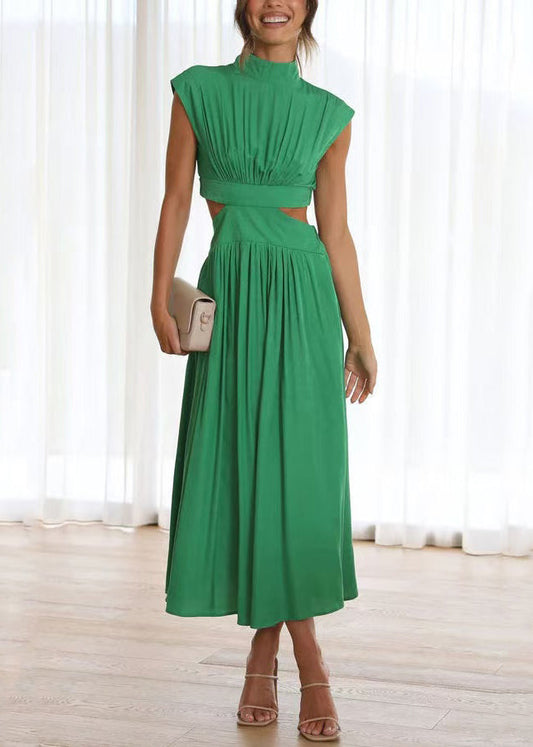 Out Summer Dress Wrinkled Long Green Cotton Hollow New
