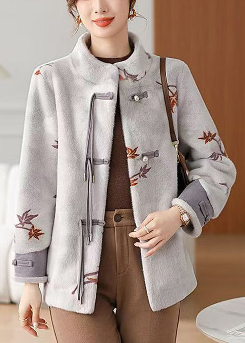 New Grey Button Pockets Mink Velvet Coat Winter RC012